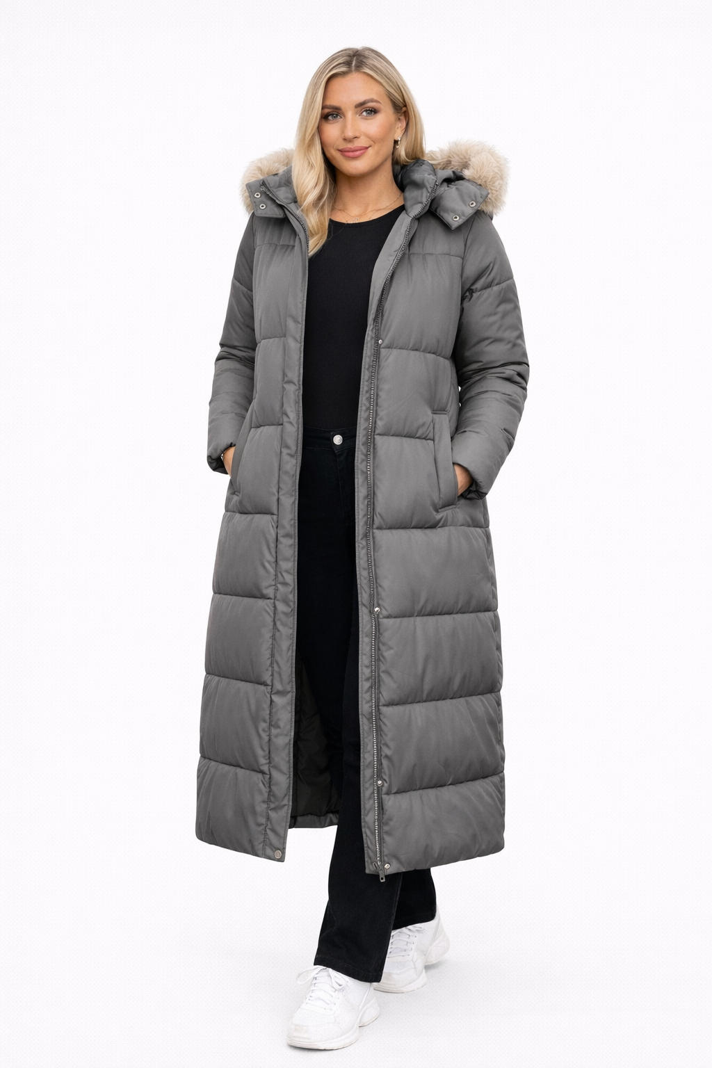 Aurora Alpine | Manteau long matelassé à capuche et fourrure